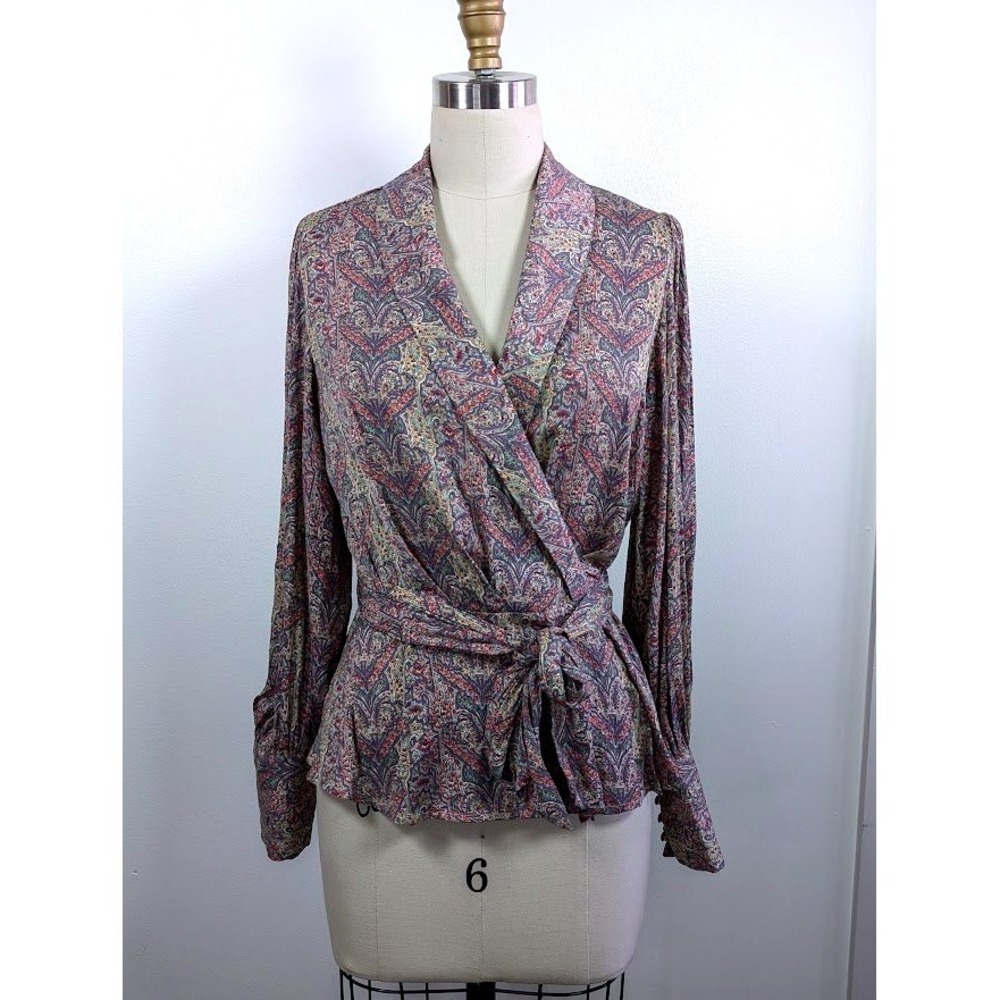 Banana Republic Full Wrap Blouse Size Small Paisley Balloon Sleeve Office Career